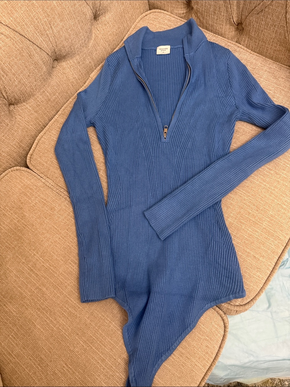 Abercrombie & Fitch Blue Ribbed Half-Zip Sweater Bodysuit